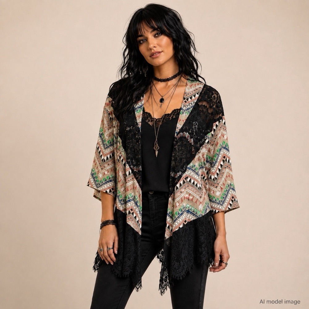 RYU Women's Kimono Cardigan Size L Black Lace Geometric Boho Whimsigoth